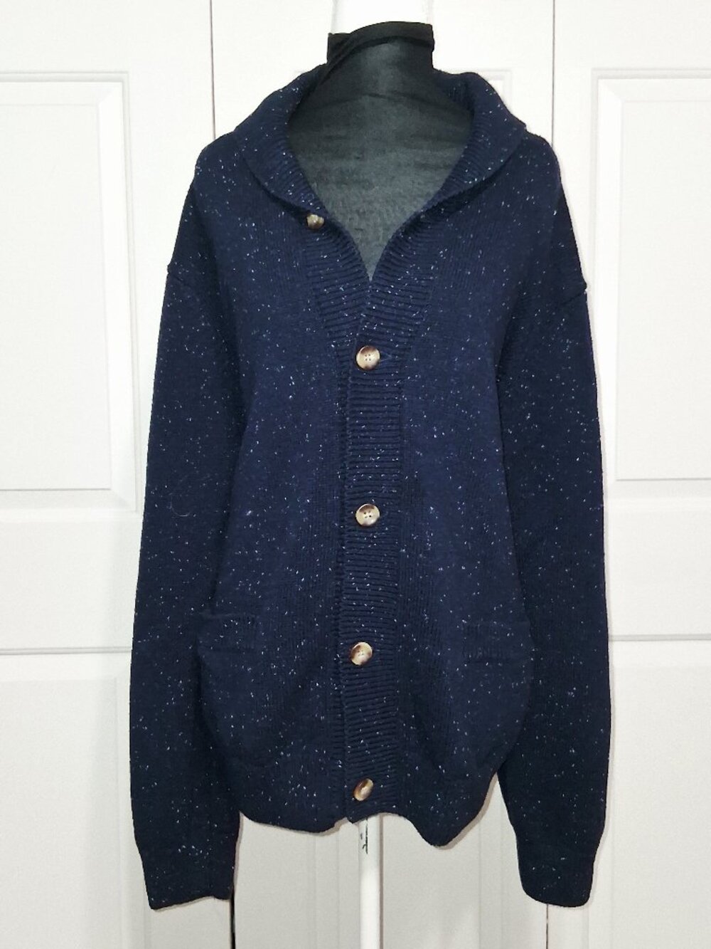 Crown & Ivy Men XXL Donegal Shawl Collar Cardigan Sweater Blue Tweed Knit